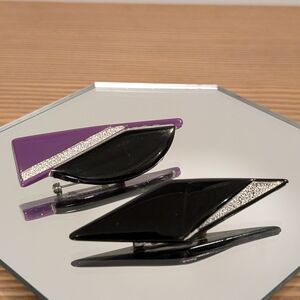 Set of 2 VTG 80s Modernist Purple & Black Geometric Glitter Brooches